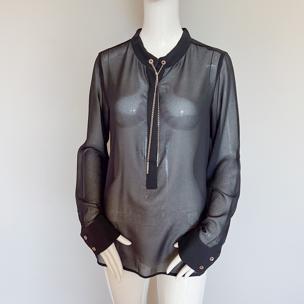 NEW GUESS Classic Black Sheer Blouse Long Sleeves Gold Chain Tie M